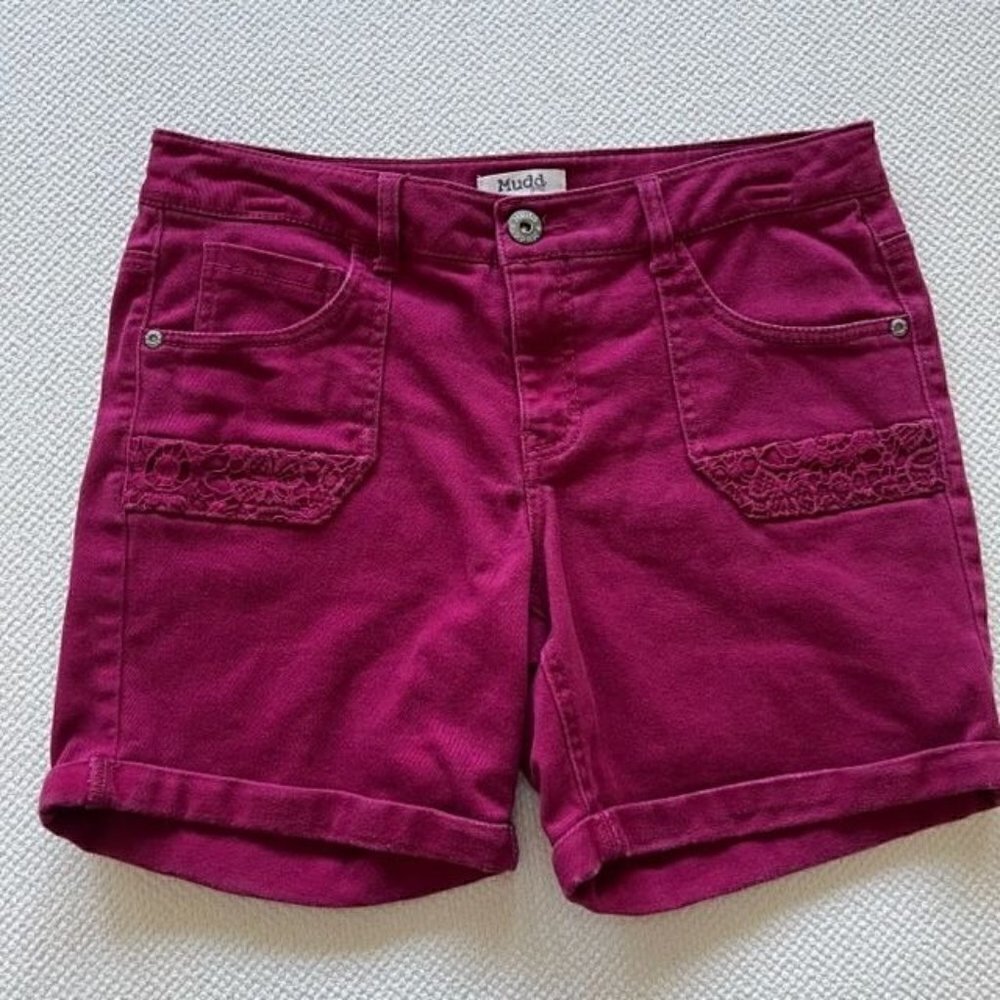 MUDD Girl's Plus Twill Shorts Red - Adjustable Waist-Macrame Detail - Size 16.5